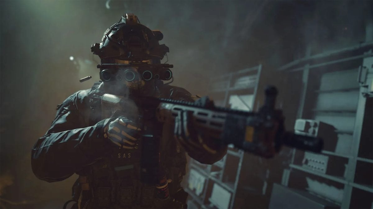 A masked Call of Duty operator moves forward with their weapon drawn.