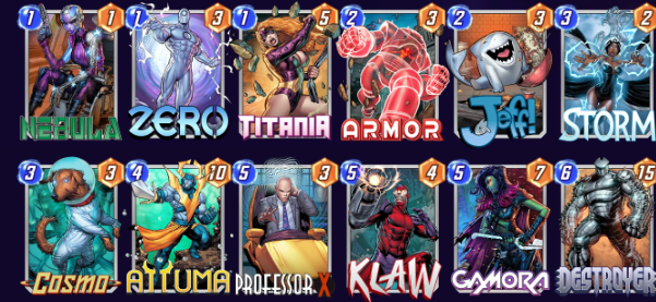 A deck in Marvel Snap consisting of Nebula, Zero, Titania, Armor, Jeff, Storm, Cosmo, Attuma, Professor X, Klaw, Gamor and Destroyer.