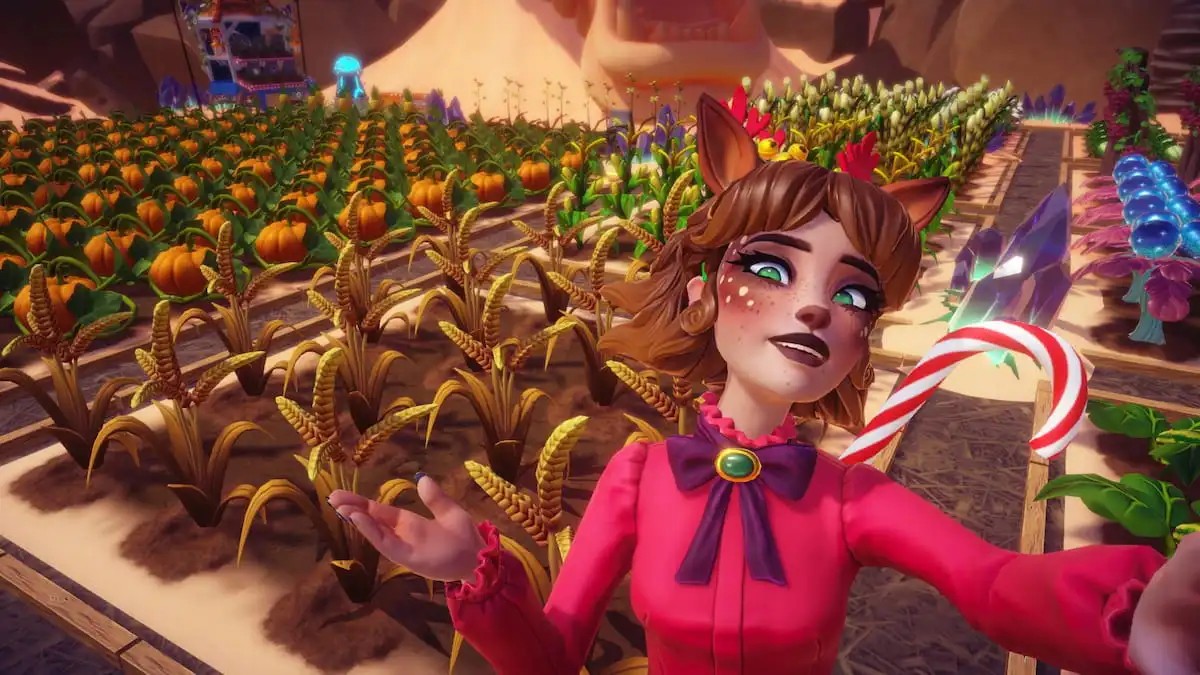 A player dressed as a reindeer with antlers, ears, and a nose taking a picture with a wheat field in Disney Dreamlight Valley.