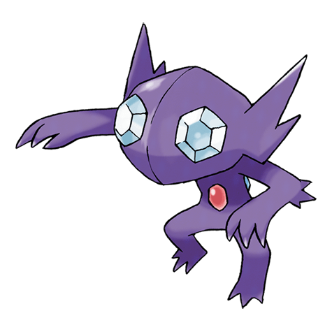 Sableye is a Pokémon with a purple body, blue gems for eyes, and a red gem on its stomach.