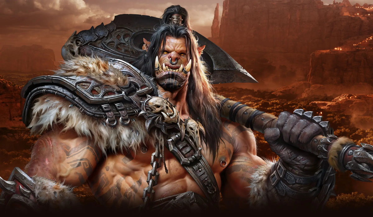 A promotional image for WoW Warlords of Draenor featuring Grommash Hellscream, one of WoW's most all-time prominent characters.