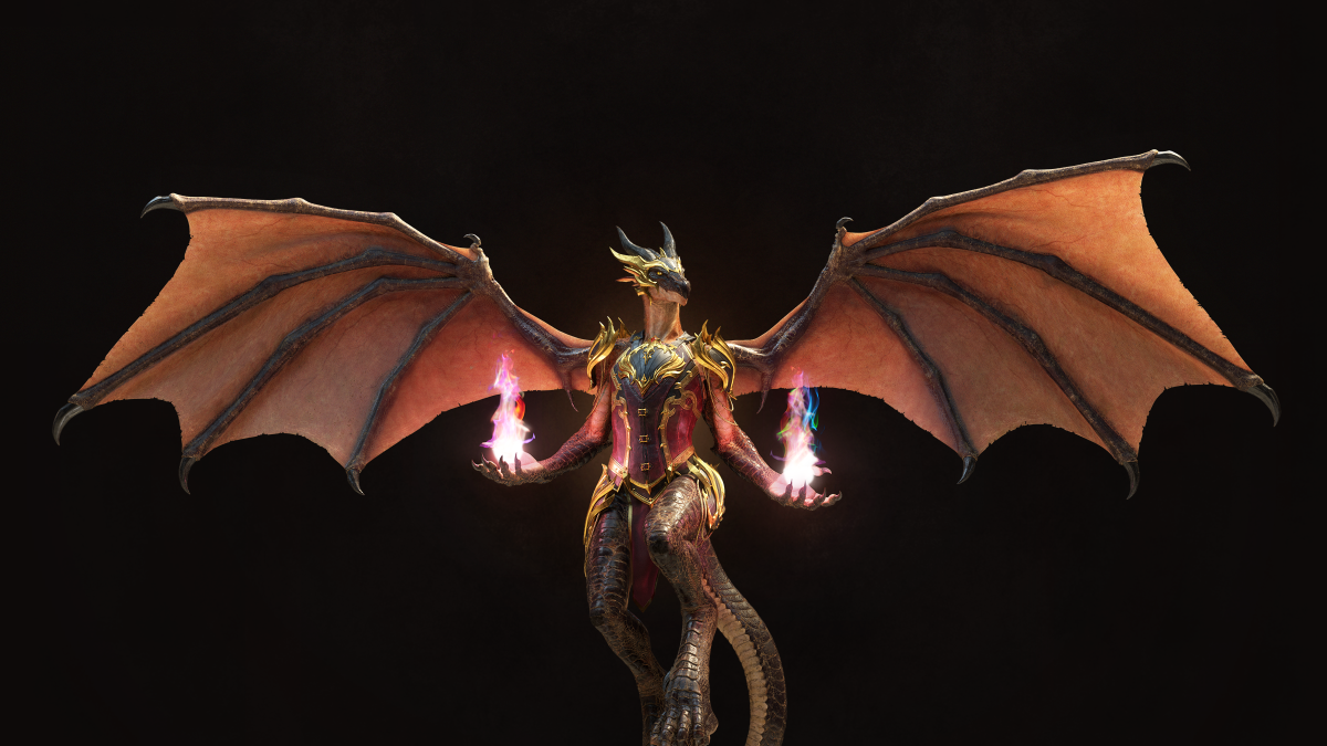 Dracthyr Evoker flying and holding flame