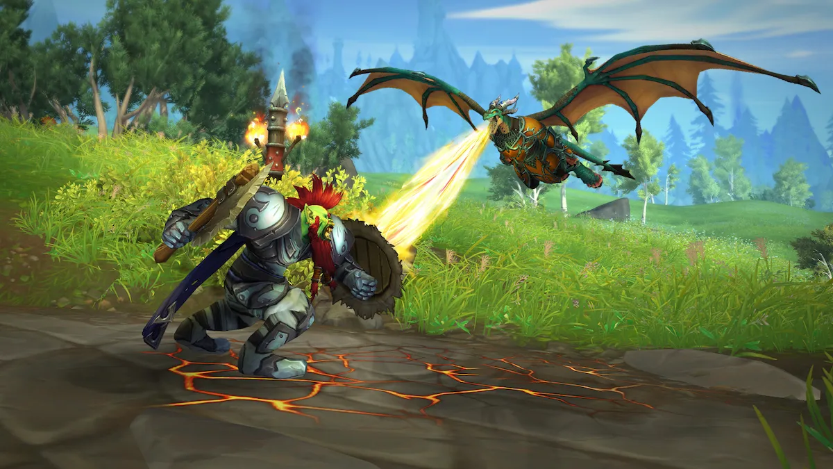 A dracthyr in World of Warcraft uses Deep Breath to engage an Orc in combat.