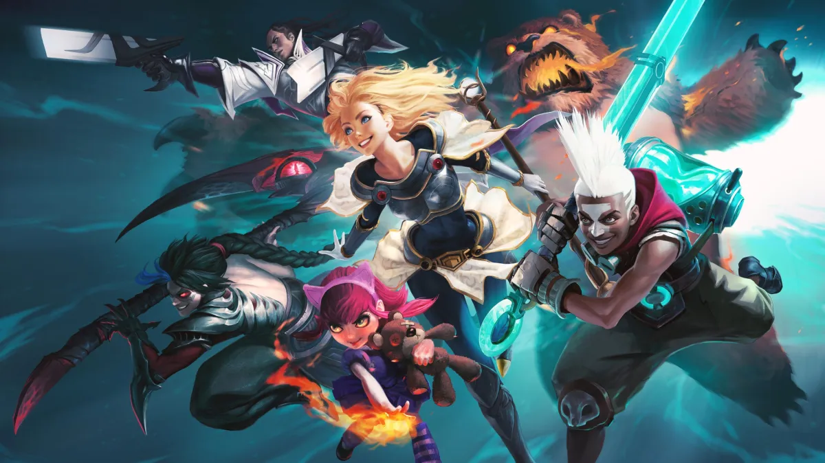 Lux, Annie, Ekko, Kayn, and Lucian charge towards the left of the image.