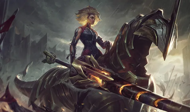 The splash art for Rell, the Iron Maiden, depicting the champion wielding a large lance atop a horse made completely of metal.