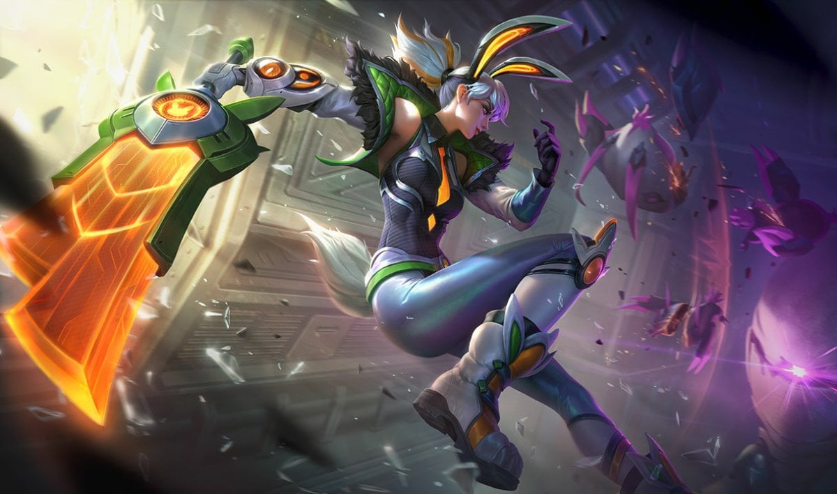 Riven wearing a superhero suit with bunny ears