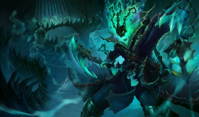 Thresh, the Chain Warden, wields a rugged scythe that he can throw out at enemies who venture too close.