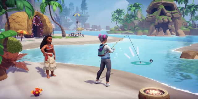 Woman fishing on Dazzle Beach with Moana in Disney Dreamlight Valley