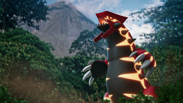 Gordon Roaring in a forest setting in Pokémon Go