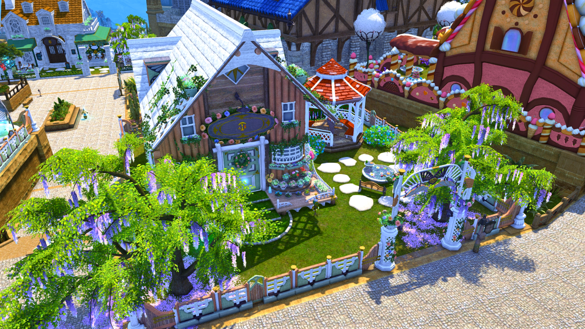 A house with trees and a gazebo in FFXIV.