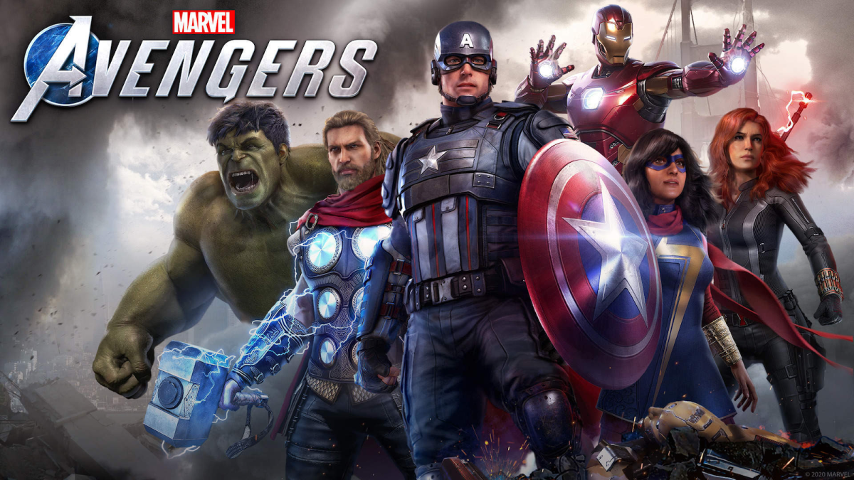 A promotion image for Marvel's Avengers showing Hulk, Thor, Captain america, Iron Man, Ms Marvel, and Black Widow.
