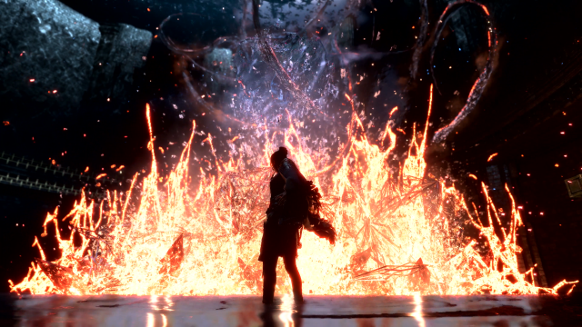 Il personaggio principale di Forspoken si ritrova di fronte a un muro di fuoco.
