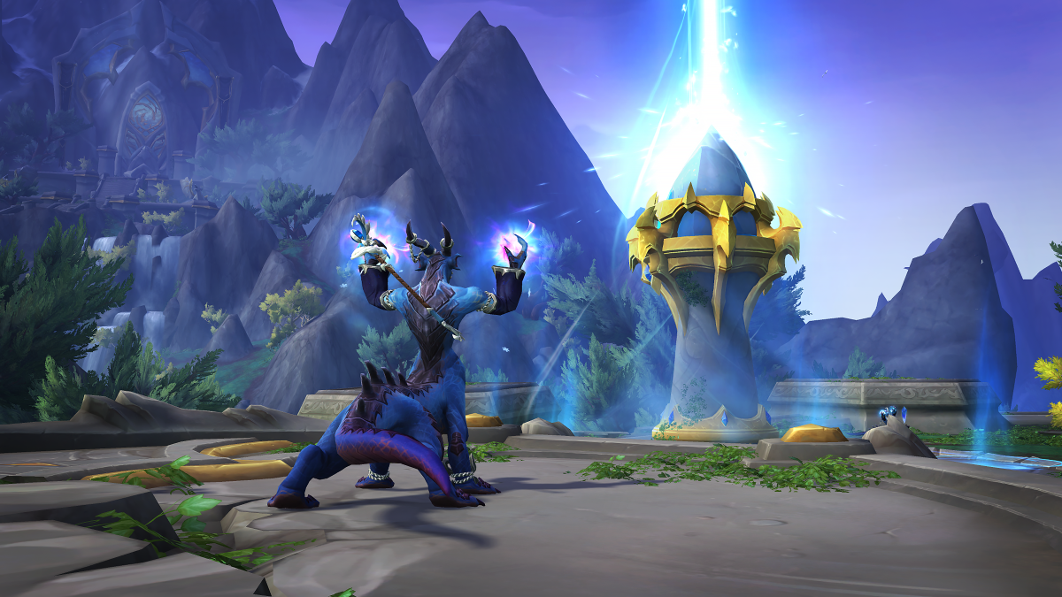 An image of a Dragonkin casting a spell on the Forbidden Reach in WoW Dragonflight