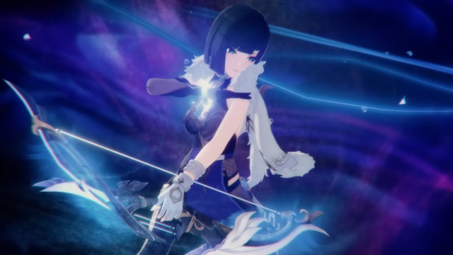 Yelan looking to the right and holding her bow low as Hydro swirls around her and she prepares to strike.