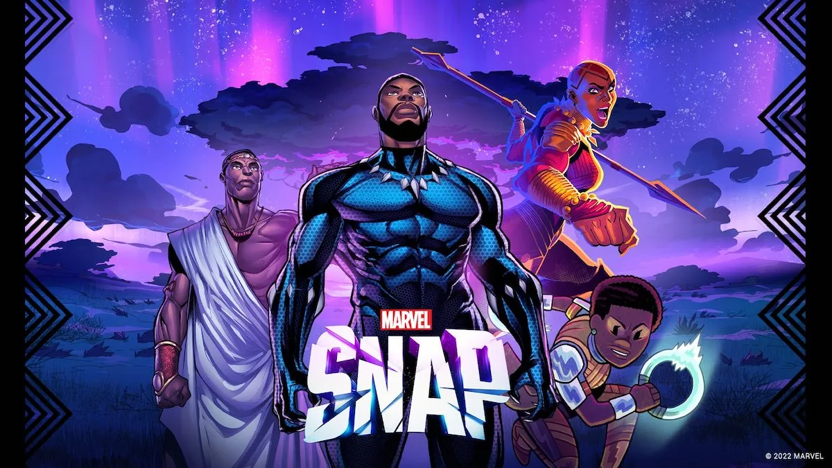 Marvel Snap image showcasing characters from Marvel's Black Panther standing in front of a purple tree.