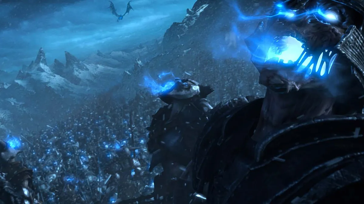 Screencap from the WoW Wrath of the Lich King cinematic as Arthas returns undead soldiers to life.