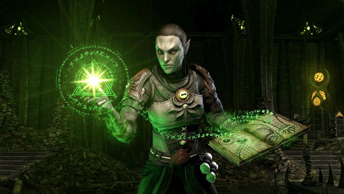 A Dark Elf holds a book in one hand and holds a green light in the other. The background is dark