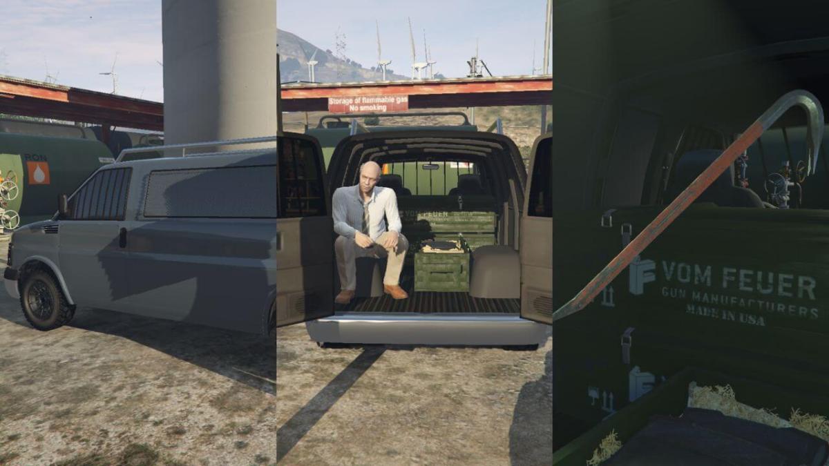A GTA 5 screenshot showing an armored van, a man in a gray suit sitting in the open back of this van, and a crowbar.