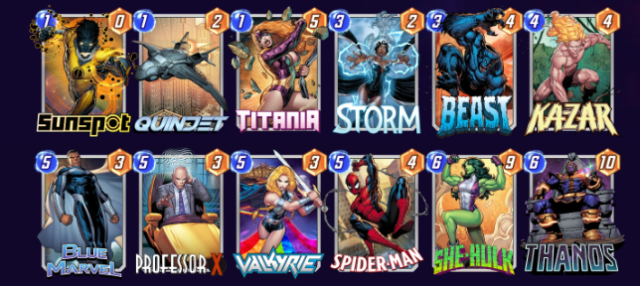 A deck in Marvel Snap consisting of Sunspot, Quinjet, Titania, Storm, Beast, Ka-Zar, Blue Marvel, Professor X, Valkyrie, Spider-Man, She-Hulk and Thanos.