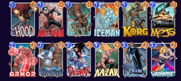 A deck in Marvel Snap consisting of Korg, Iceman, The Hood, Antman, Squirrel Girl, Armor, Mojo, Debrii, Mystique, Kazar, Valkyrie and Blue Marvel.