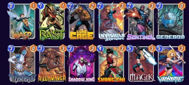 A deck in Marvel Snap consisting of Wasp, Bast, Luke Cage, Invisible Woman, Sentinel, Cerebro, Mystique, Killmonger, Shadow King, Shang-Chi, Magik and Valkyrie.