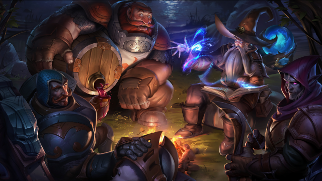 Braum, Gragas, Ryze, and Varus all appear in RPG-styled League of Legends skin around a campfire with a Poro just off-shot being patted by Braum.