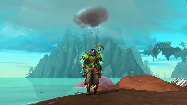 Night Elf standing under a cloud that's raining