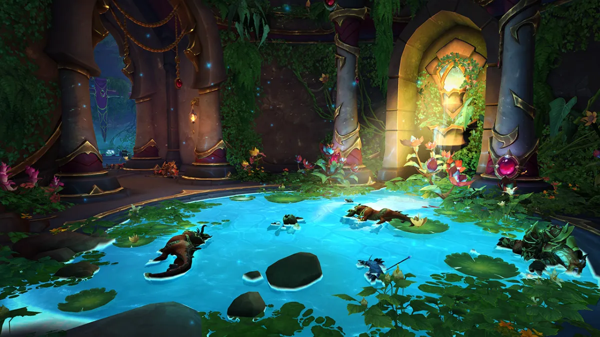 Pools in the bottom floor of the Ruby Lifepools dungeon in WoW Dragonflight