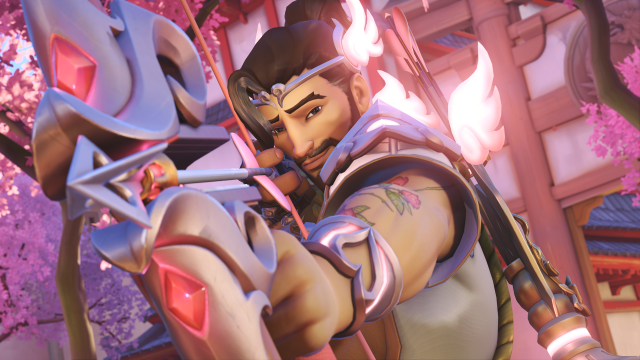 Overwatch hero Hanzo aiming with his bow and arrow.