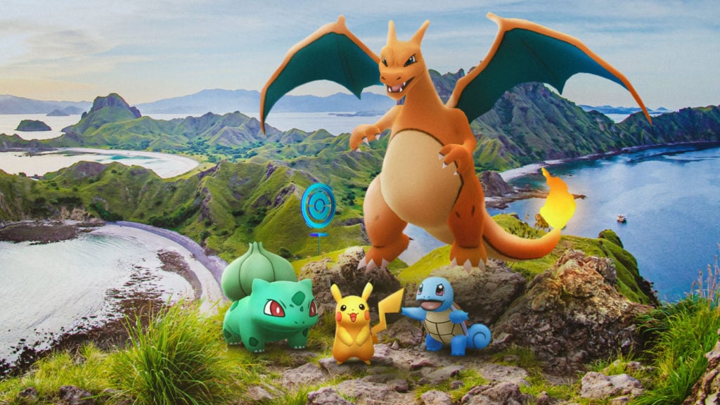 a charizard flying high above the sky in pokemon go promo art