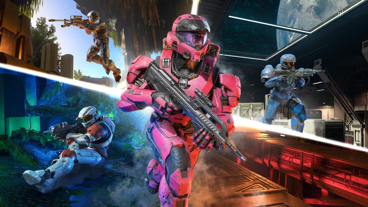A graphic depicting a pink Spartan running toward the screen. Behind them, four different map screenshots are displayed, separated by white lines.