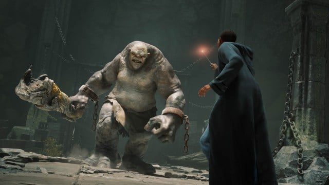A wizard fighting a troll in the dungeon, a true rite of passage at Hogwarts.