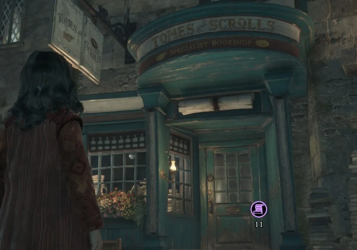 Screenshot of a player looking up at the Tomes and Scrolls shop in Hogwarts Legacy.