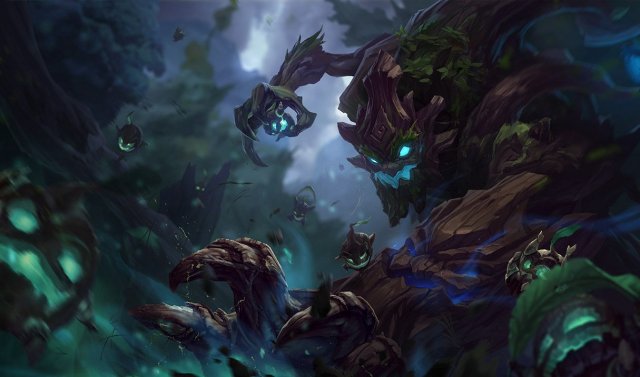 The splashart for Maokai, the Twisted Treant—a walking, possessed tree that hurls saplings at his foes and tangles them in roots.
