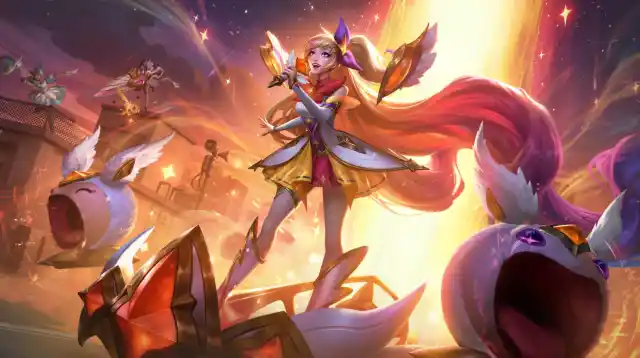 The official artwork of Star Guardian Seraphine, featuring the champion in a white outfit with orange highlights singing on her stage.