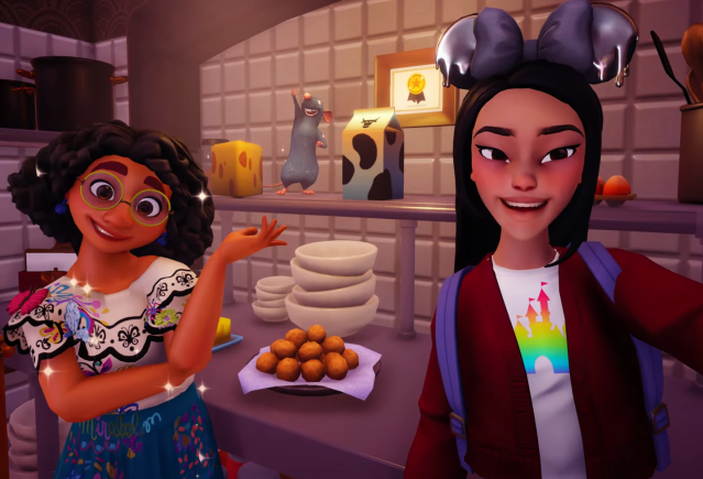 Mirabel and the player in a kitchen.