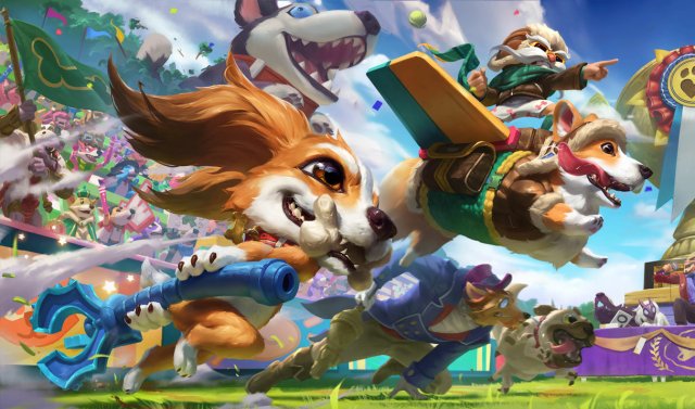 Several League of Legends champions in funny costumes run together