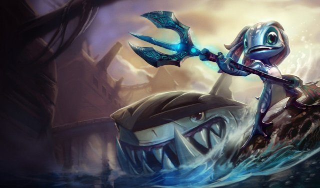 The splash art for Fizz, an aquatic yordle that wields a spear. He stands next to a hungry shark.