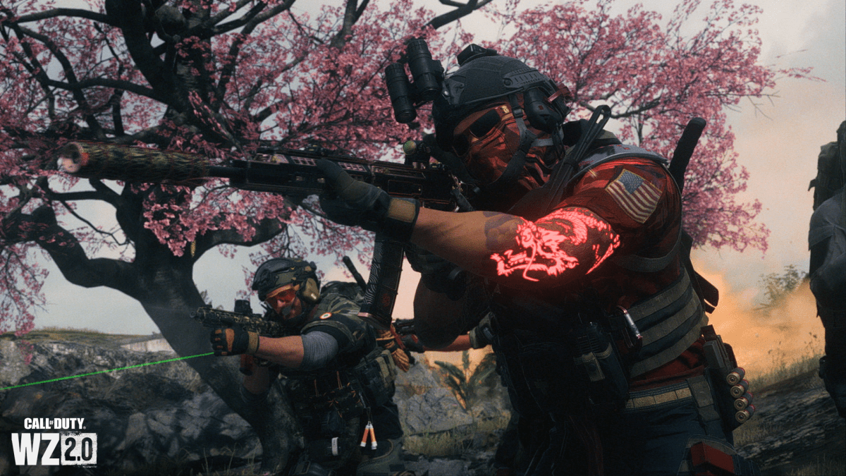MW2 operator aiming down sights with a cherry blossom tree in the background.