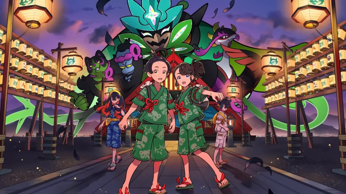 Pokémon Scarlet and Violet The Teal Mask image with two characters and Pokemon in the background.