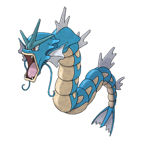 Gyarados appears as a ferocious blue dragon that lives deep in the water.