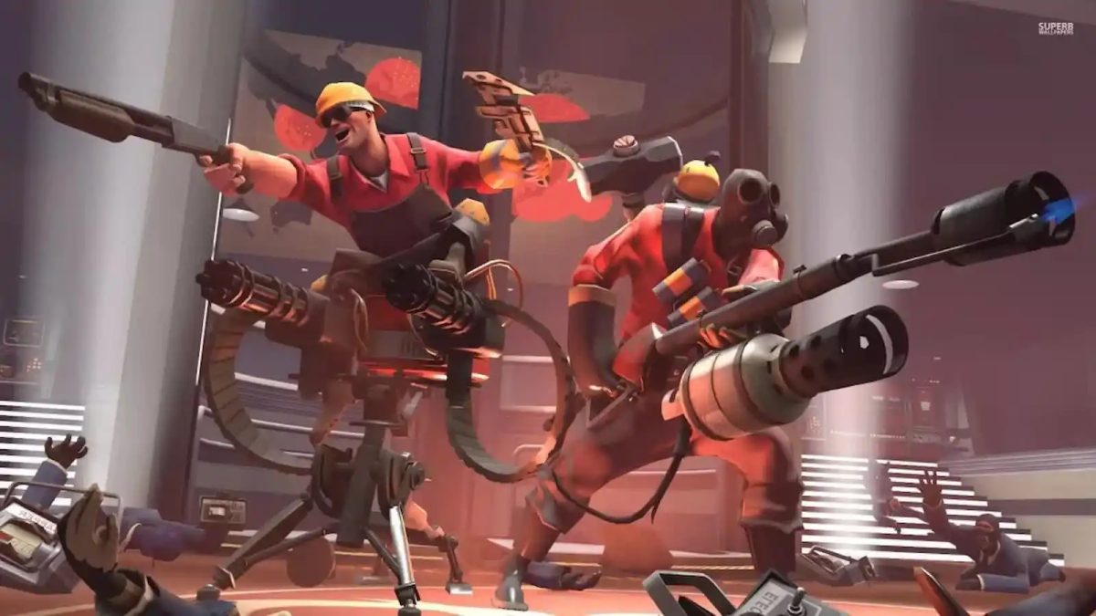 Team Fortress 2 characters brandish their weapons.