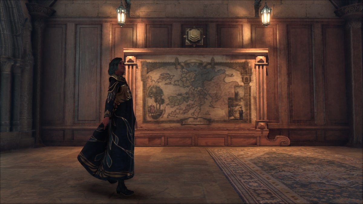 A player wearing a long blue robe with golden accents looking up while standing next to a map of Argyllshire with a button on the wall right above it.