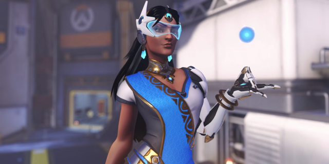 Symmetra as she appears with her default skin in Overwatch 2.