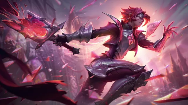 Riven leaps to the side with her huge sword in hand in League of Legends