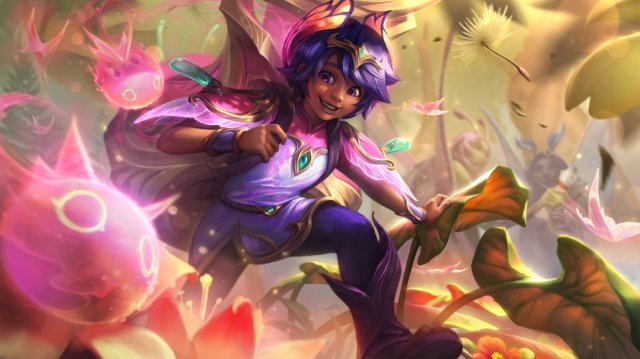 Milio, a character from League of Legends, stands wearing a backpack as pink flowers and spirits dance around them.
