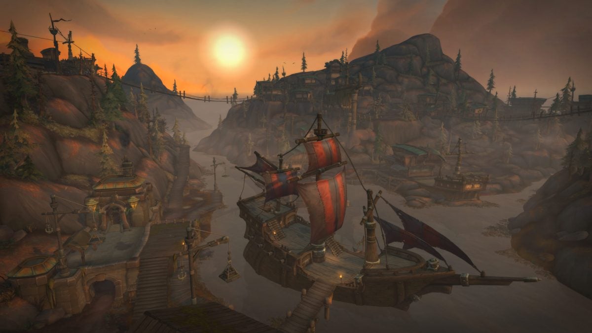 A pirate ship docked in the city of Freehold in WoW Battle for Azeroth