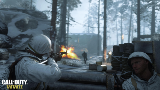 Call of Duty: WWII promo image of two soldiers hunkered down behind cover readying to fire