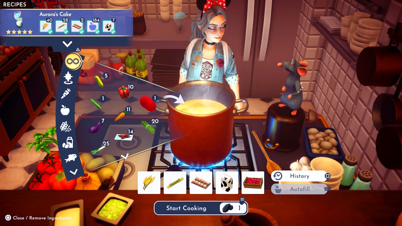player making aurora's cake at a cooking station in dreamlight valley