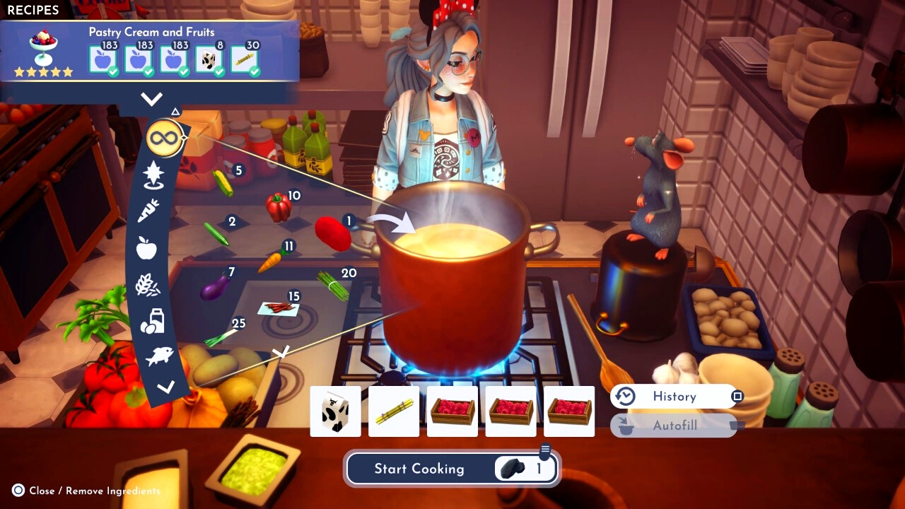 player making pastry cream and fruits at a cooking station in dreamlight valley